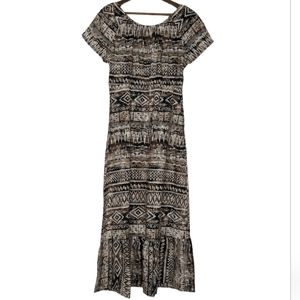 Blair Boho Tribal Print Midi Dress Peasant Top Ruffle Skirt Neutral Medium